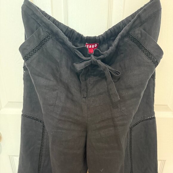 STAUD MACKENZIE BLACK WIDE LEG LINEN PANTS WITH LACE ACCENTS - Picture 5 of 14